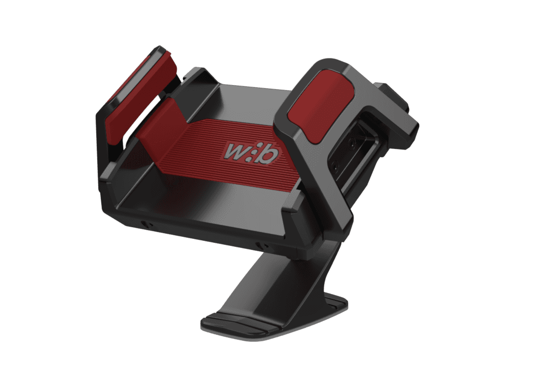 weBoost Dash Rugged Mount with a black base and red cradle inserts, angled view