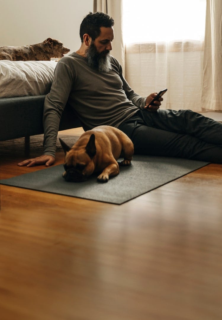 man sitting with dogs in room